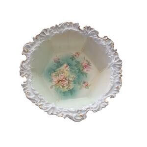 Vintage Antique? RS Prussia Porcelain Lusterware Bowl Teal Pink Roses